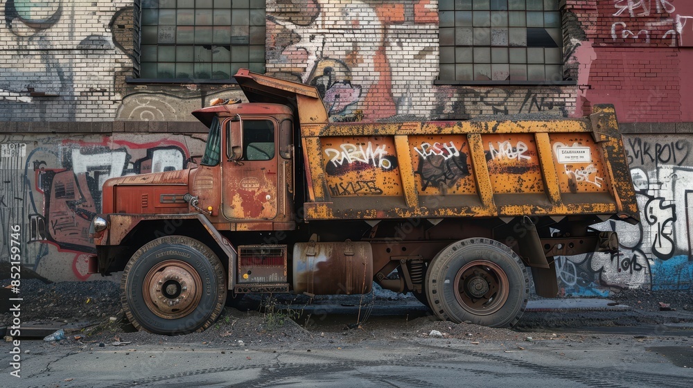 Obraz premium Rustic old dump truck parked in front of a graffiti-covered wall in an urban industrial setting on a sunny day.