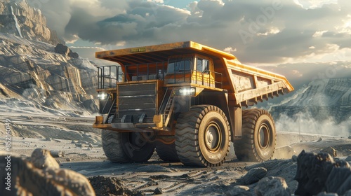 Heavy-duty dump truck navigating through a rocky landscape under a dramatic sky, showcasing industrial strength and rugged terrain. photo