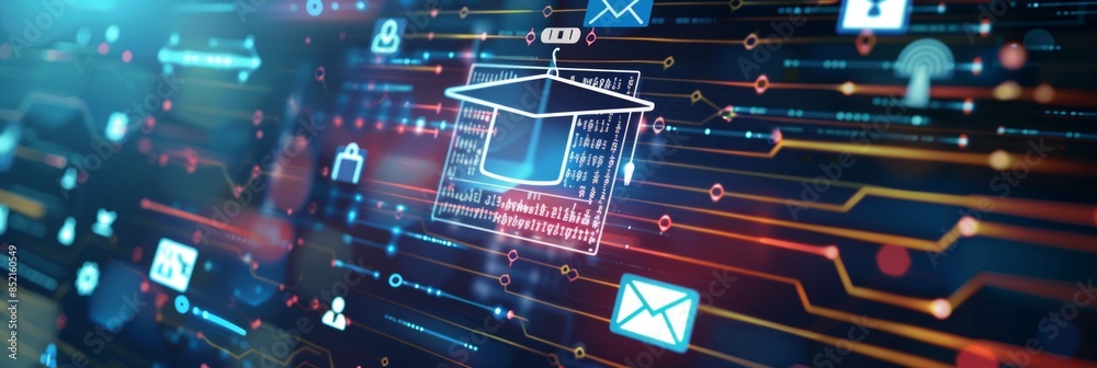 Digital education concept with icons of computer, graduation cap and ...
