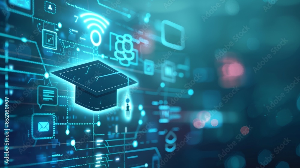 Digital education concept with icons of computer, graduation cap and school board on blurred background. Digital learning online system for distance education or futuristic new AI technology Digital education concept with icons of computer, graduation cap and school board on blurred background. Digital learning online system for distance education or futuristic new AI technology