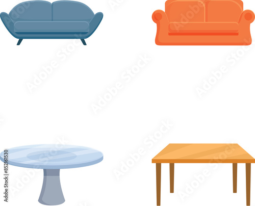 Vector illustration of furniture icons featuring a blue sofa, an orange couch, a round table, and a wooden table