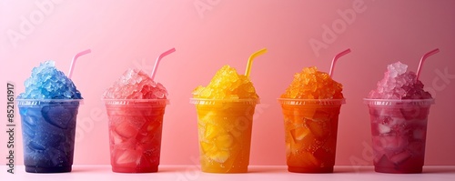 Different colorful slushie drinks in plastic cup on gradient pink background with copy space. Multicolored frozen juice cocktail Slush. Summer tropical crushed ice beverage. Take away food. Closeup photo