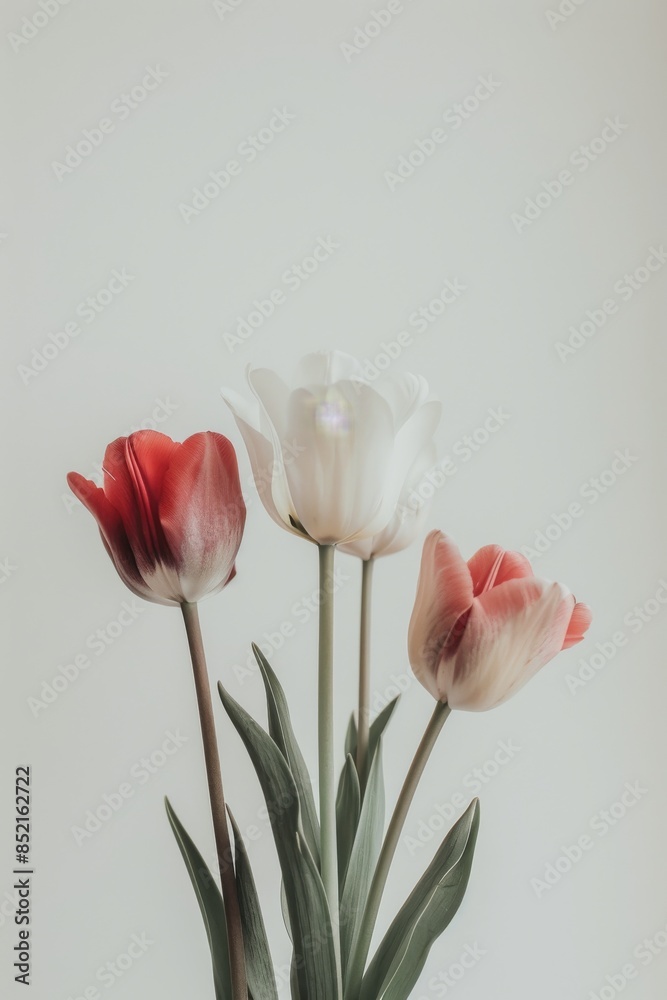 three Double Early Tulips in studio, white copy space on right side, Comport, bliss, close up, Studio Lighting, Flower Photography, Isolated on white Background three Double Early Tulips in studio, white copy space on right side, Comport, bliss, close up, Studio Lighting, Flower Photography, Isolated on white Background