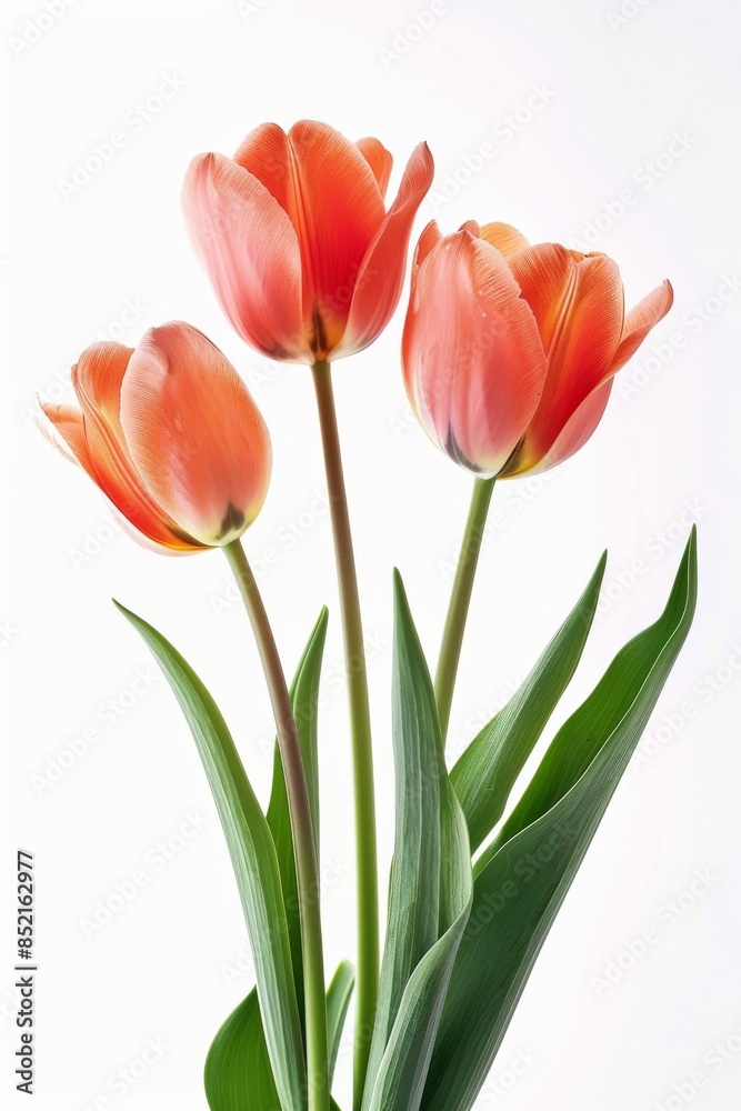 three Greigii Group Tulips in studio, white copy space on right side, Comport, bliss, close up, Studio Lighting, Flower Photography, Isolated on white Background three Greigii Group Tulips in studio, white copy space on right side, Comport, bliss, close up, Studio Lighting, Flower Photography, Isolated on white Background