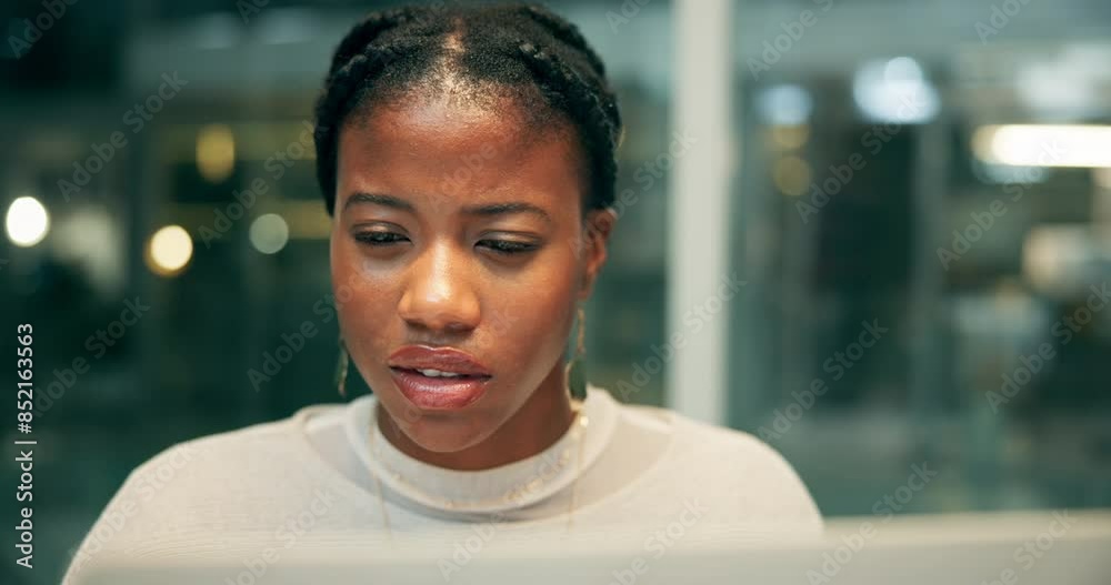 Confused, black woman and doubt with laptop in office for investment, mistake and phishing email. Night, investor and trader with tech at work for financial report, online fraud and digital scam