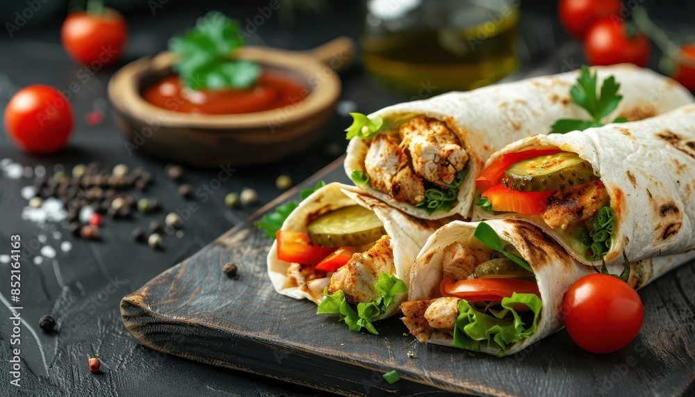 mouthwatering burrito wraps with grilled chicken pickles tomatoes and cheese night street food background mouthwatering burrito wraps with grilled chicken pickles tomatoes and cheese night street food background