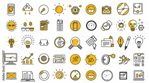 Marketing and management office icons collection. Hand drawn symbols in doodle style in yellow color. Business chat elements concept. Set of financial infographic buttons for web.