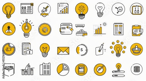 Marketing and management office icons collection. Hand drawn symbols in doodle style in yellow color. Business chat elements concept. Set of financial infographic buttons for web.