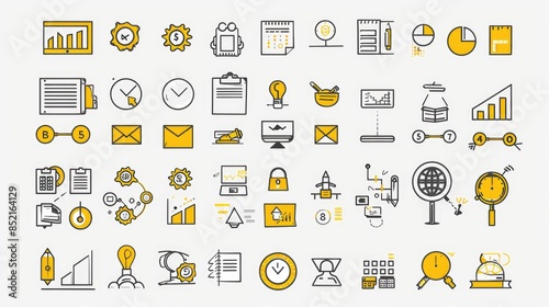 Marketing and management office icons collection. Hand drawn symbols in doodle style in yellow color. Business chat elements concept. Set of financial infographic buttons for web.