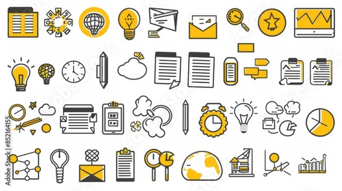 Marketing and management office icons collection. Hand drawn symbols in doodle style in yellow color. Business chat elements concept. Set of financial infographic buttons for web.