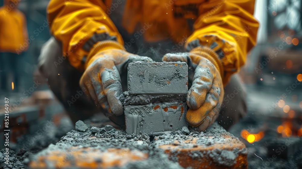 Close-up of Hands Placing Bricks During Construction Close-up of Hands Placing Bricks During Construction