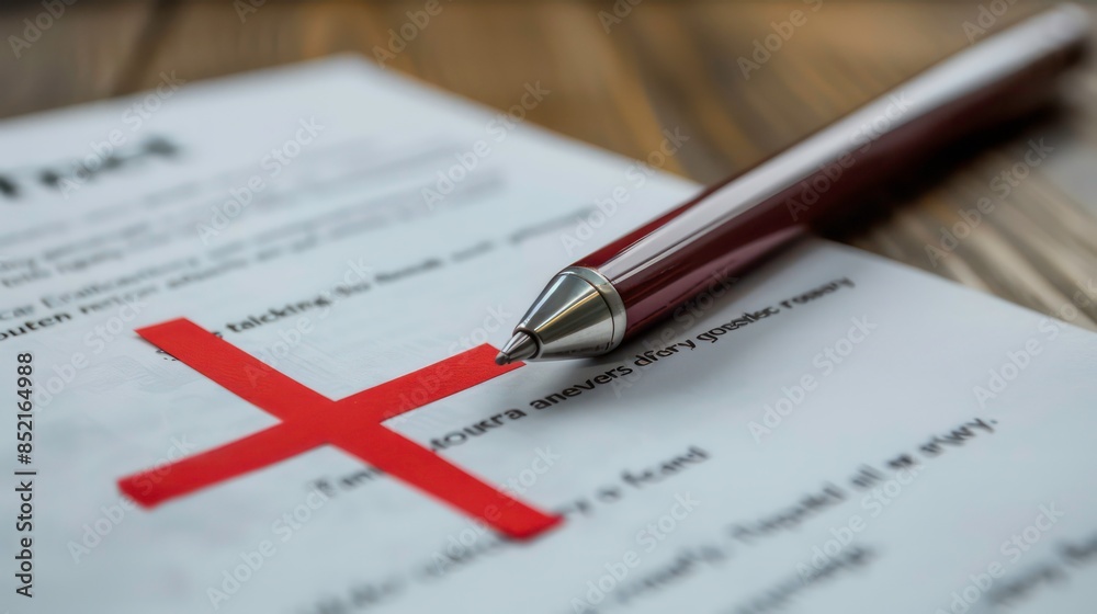 Cross on a Document Icon: A red cross placed on top of a document or paper, representing rejection or failure. Generative AI Cross on a Document Icon: A red cross placed on top of a document or paper, representing rejection or failure. Generative AI