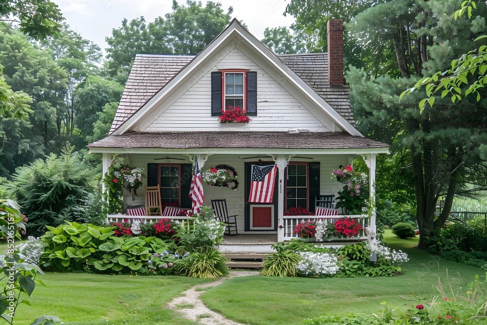 Charming traditional home with front porch decorated with the USA flag for the 4th of July Charming traditional home with front porch decorated with the USA flag for the 4th of July