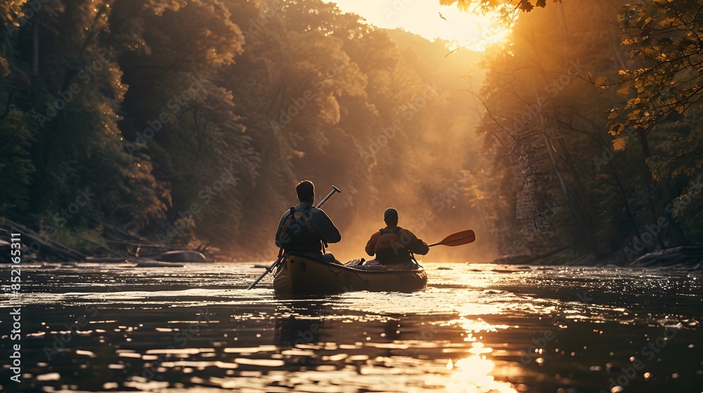 couple of explorers conoining on wild river. couple of explorers conoining on wild river.