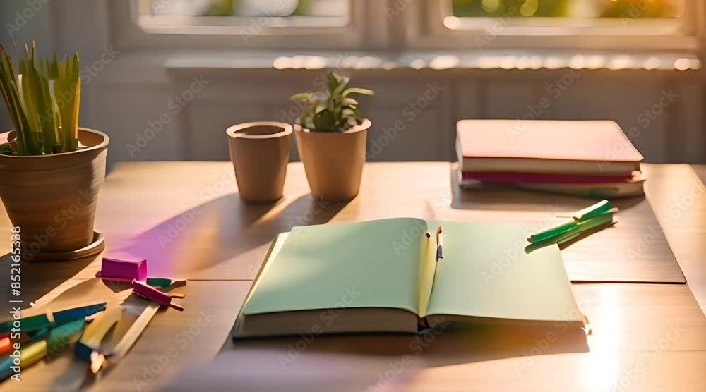 A cozy wooden study table bathed in warm sunlight, with neatly arranged colorful stationery A cozy wooden study table bathed in warm sunlight, with neatly arranged colorful stationery