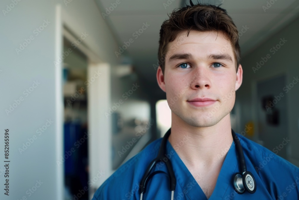 Portrait of a young male doctor with stethoscope in hospital corridor Portrait of a young male doctor with stethoscope in hospital corridor