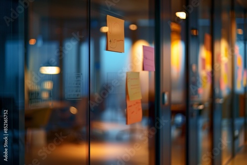 Colorful sticky notes on glass wall in modern office workspace