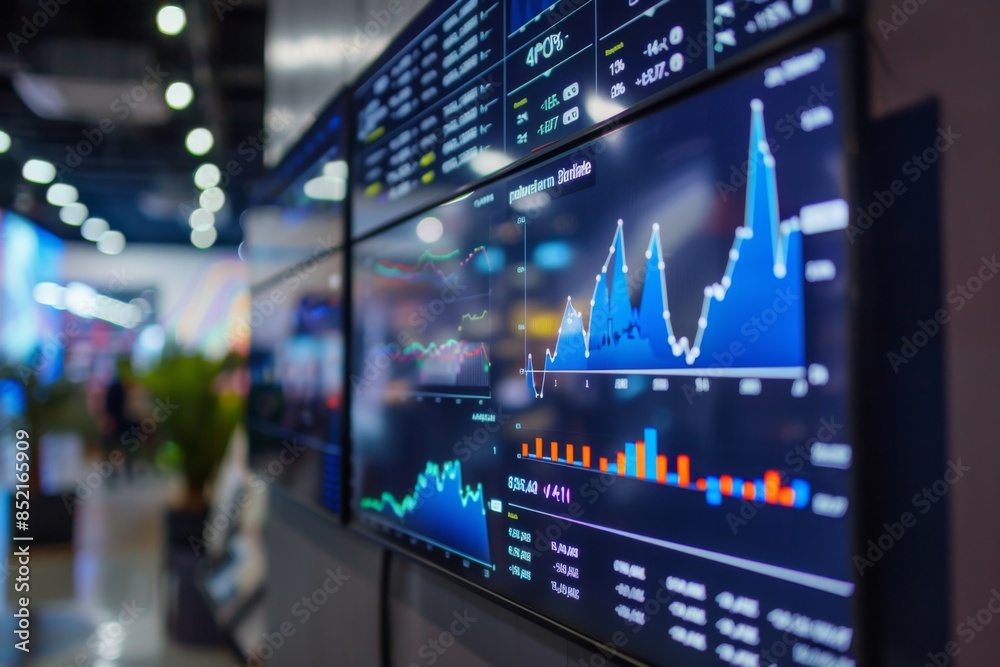 Dynamic financial data displayed on flat screen in a modern office setting Dynamic financial data displayed on flat screen in a modern office setting
