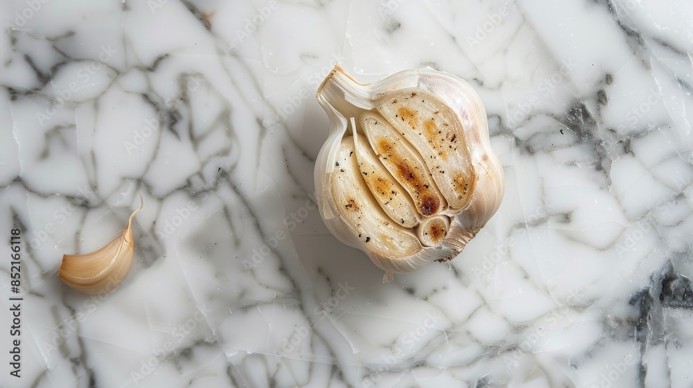 Obraz premium Top view of a garlic clove grilled on a marble plate surface