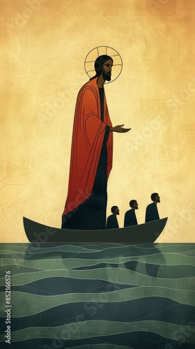 An antique painting of Jesus walking on water, with disciples in a boat watching, in the style of Theophanes the Greek. The artwork features dramatic and deep shadows, a rich color palette photo