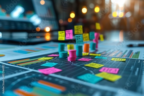 An image of a desk with colorful sticky notes and a laptop in the background. The sticky notes are arranged in a haphazard manner, suggesting a brainstorming session