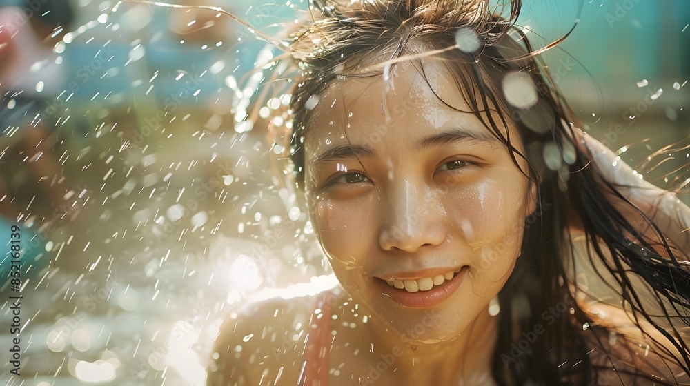 Obraz premium Asian woman drying sweat in a warm summer day.