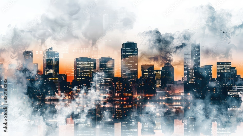 Fototapeta premium Photograph of a smoke frame encasing a vibrant cityscape, highlighting the urban pulse and energy, on a transparent background.