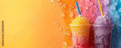 Two colorful fruity slushie drink in plastic cup on gradient orange background with copy space. Multicolored frozen juice cocktail Slush. Summer tropical crushed ice beverage. Take away food