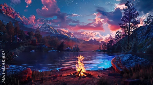 Campfire in the Wild. A vivid depiction of a campfire set in a remote wilderness setting, evoking a sense of adventure and connection with nature.