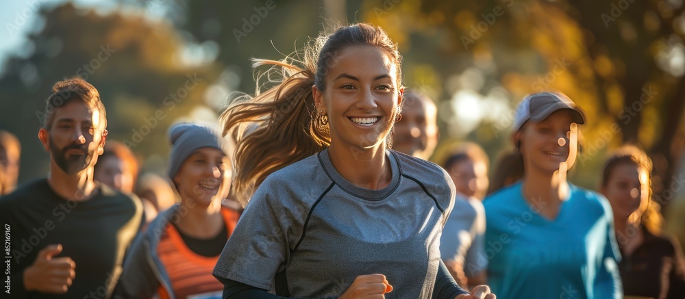 Smiling Woman Running with a Group of People Smiling Woman Running with a Group of People