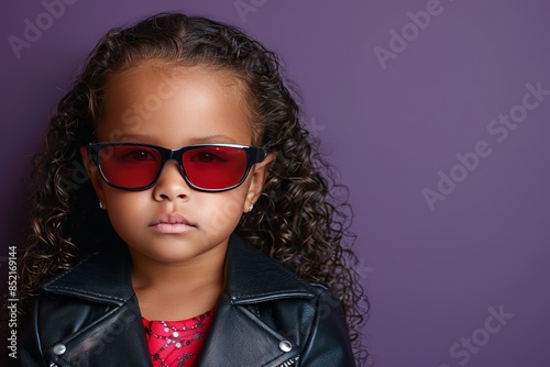 A stylish young girl with curly brown hair and red sunglasses strikes a fashionable pose in a trendy black leather jacket against a vibrant solid purple background © Dipsky