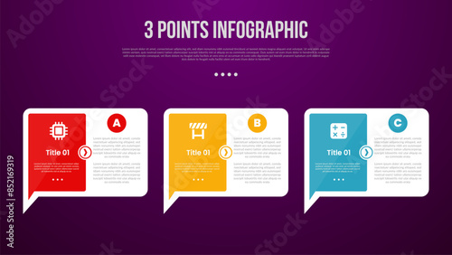 3 points or step process infographic with big callout comment box with arrow on bottom with modern dark style for slide presentation
