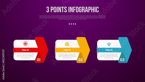 3 points or step process infographic with big box and creative arrow through shape with modern dark style for slide presentation