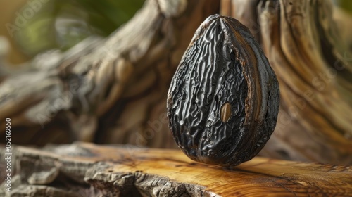 Tonka bean of brown Dutch origin on olive wood photo