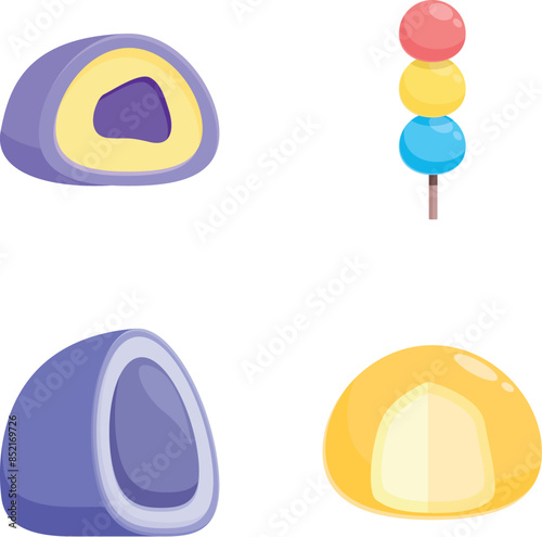 Vector illustration of four colorful gemstones and minerals in a cartoon style, isolated on white