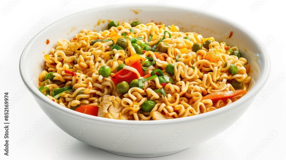 Flavorful curry flavored instant noodles with chicken and vegetables displayed on a white background Flavorful curry flavored instant noodles with chicken and vegetables displayed on a white background