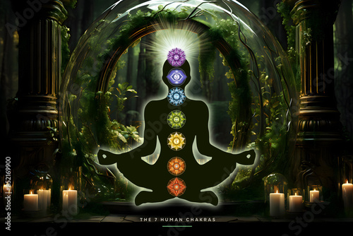 Human silhouette in yoga, lotus pose with 7 Chakras, mystical temple background. Peaceful poster for meditation and chakra energy healing.