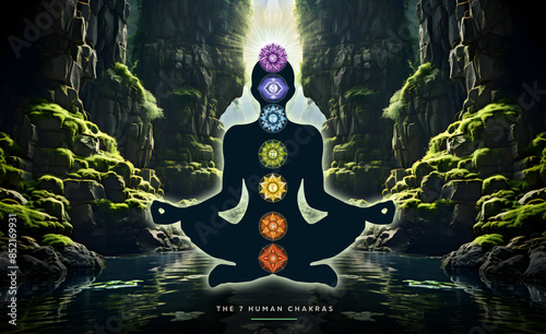 Human silhouette in yoga, lotus pose with 7 Chakras, mystical waterfall landscape in the background. Peaceful poster for meditation and chakra energy healing.