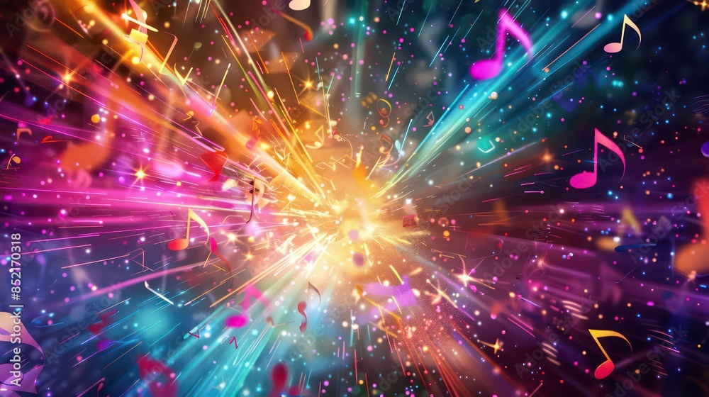 Fototapeta premium Bright and colorful celebration of music with vibrant beams and floating musical notes. Generative AI