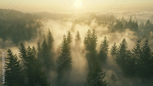 Sunrise in the misty forest. Scenic view of flying over pine mountain forest in the morning. Sunbeams in the fog, foggy sunny mountain valley, sea of clouds to the horizon