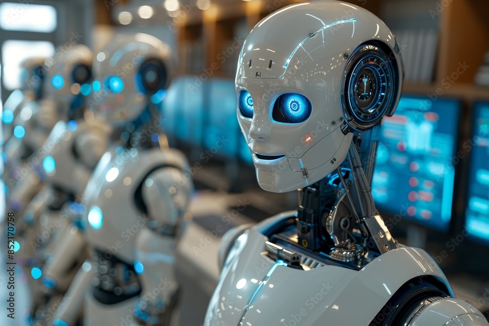 Close-up of a futuristic robot face with blue eyes and white lines on shiny body in sci-fi environment. Robot looking at camera with neutral expression in dark room Close-up of a futuristic robot face with blue eyes and white lines on shiny body in sci-fi environment. Robot looking at camera with neutral expression in dark room