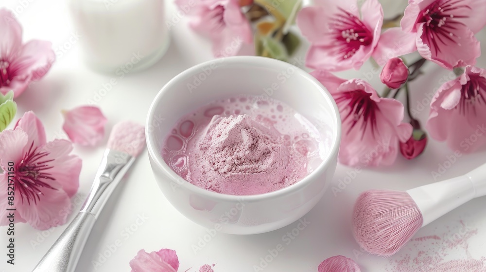 White bowl with dry powdery alginate mask pink bubble liquid mask with tools a cleansing beauty set with flowers on a white background White bowl with dry powdery alginate mask pink bubble liquid mask with tools a cleansing beauty set with flowers on a white background
