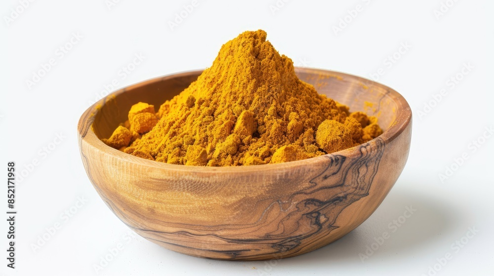 Dried Turmeric Curcuma longa Linn powder in a wooden bowl on a white background Dried Turmeric Curcuma longa Linn powder in a wooden bowl on a white background