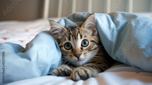 Wallpaper Mural A kitten is resting on a bed and gazing at the camera with its eyes wide open Torontodigital.ca