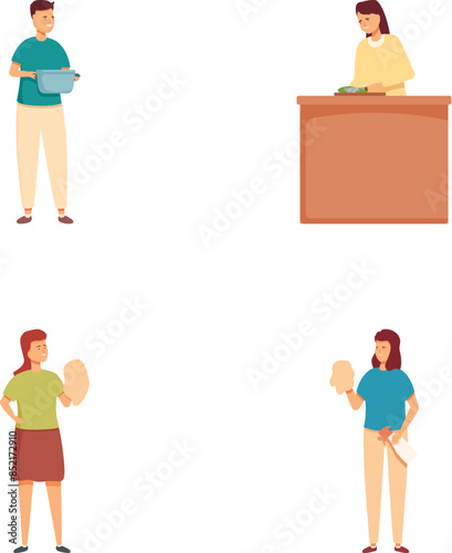 Collection of colorful illustrations depicting individuals engaging in cooking and food preparation