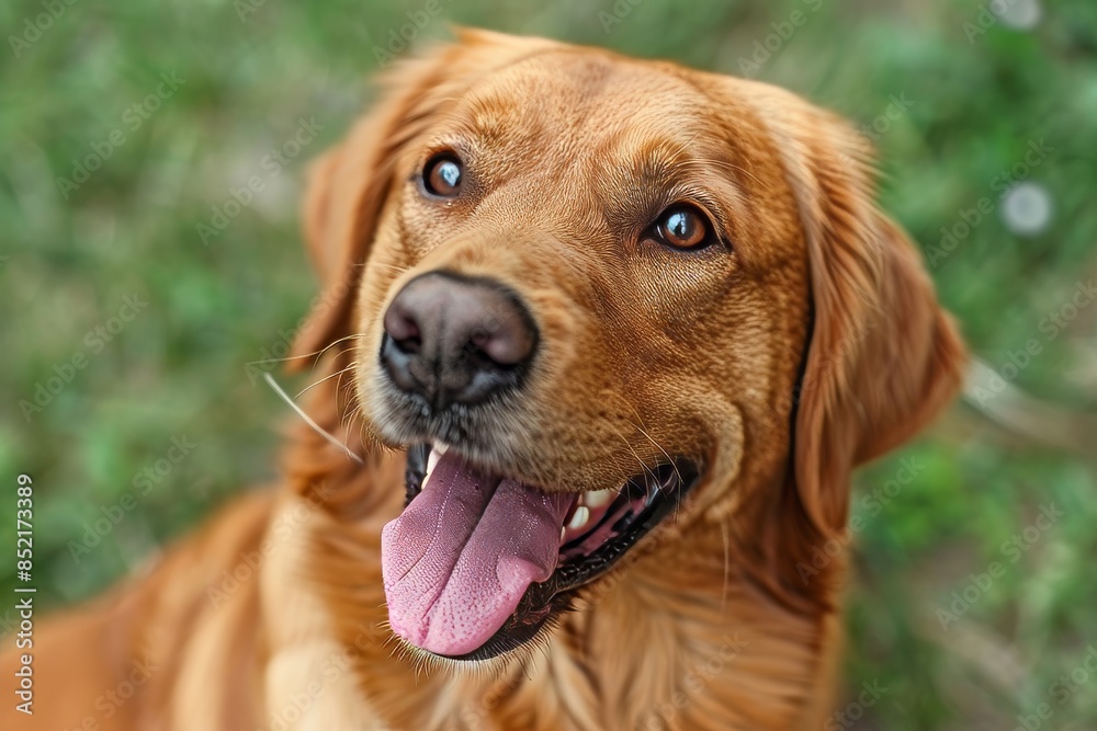 A joyful brown dog with a big smile and bright eyes, staring at the camera. The adorable canine is in sharp focus against a soft, blurred background, exuding happiness and friendliness A joyful brown dog with a big smile and bright eyes, staring at the camera. The adorable canine is in sharp focus against a soft, blurred background, exuding happiness and friendliness