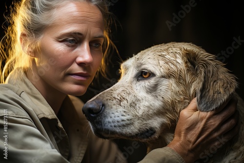 A joyful woman with long blond hair spending a sunny day with her golden retriever. They share a heartwarming moment, exchanging loving gazes and creating cherished memories
