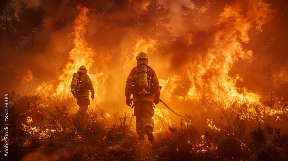 Fototapeta premium Brave firefighters battling a blaze, surrounded by smoke and flames, showcasing their heroism. 
