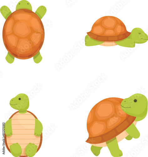 Collection of cute cartoon turtle illustrations in various poses and expressions, perfect for children's educational books and environmental themed designs