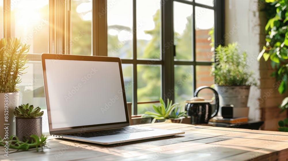 Fototapeta premium Blank screen laptop on wooden table in modern home with sunlight